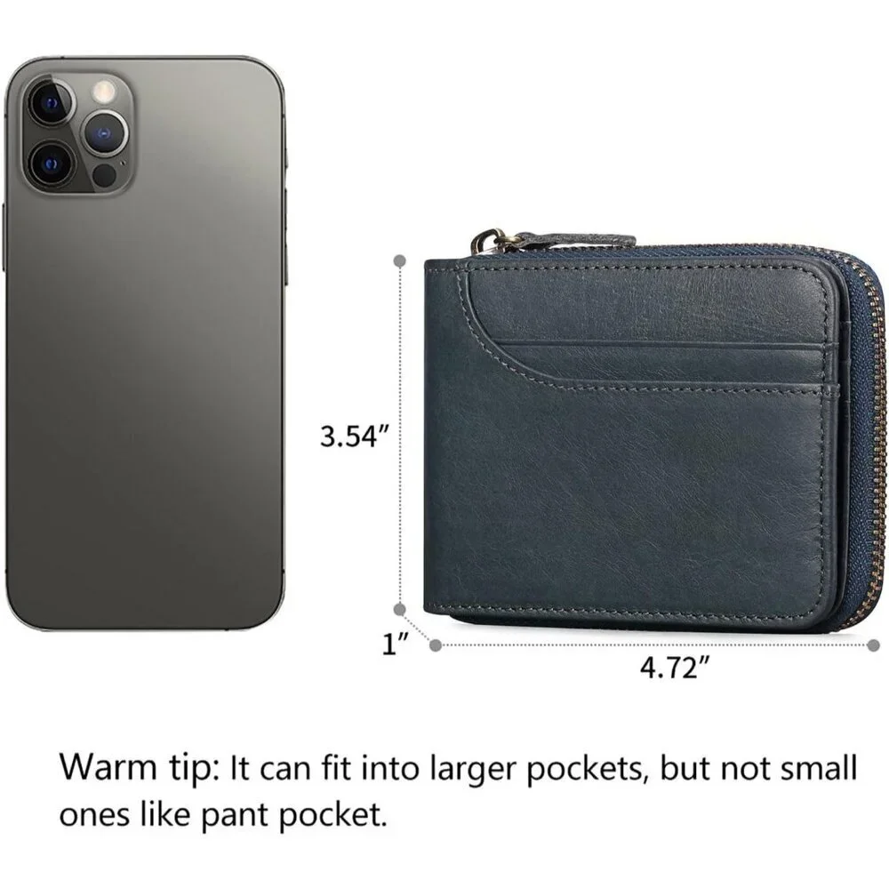 Men's A-Dark Blue Wallets Genuine Leather Front Around Zip Pocket Credit Card